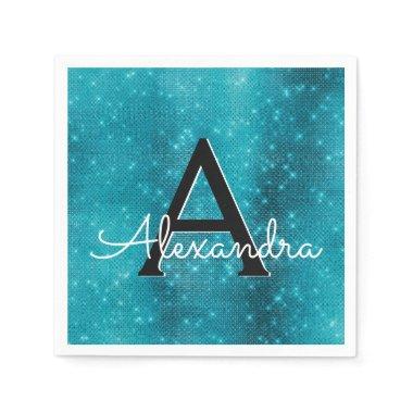 Turquoise Blue Teal Sparkle Monogram Birthday Paper Napkins