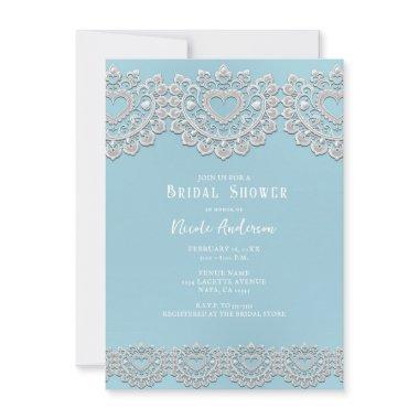 Turquoise Blue White Lace Heart Bridal Shower Invitations