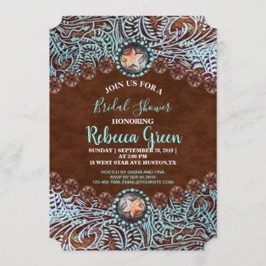 turquoise brown cowboy western bridal shower Invitations