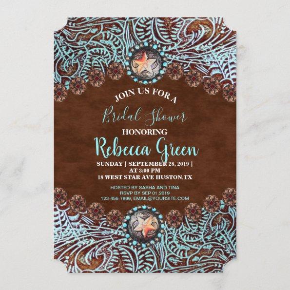 turquoise brown cowboy western bridal shower Invitations