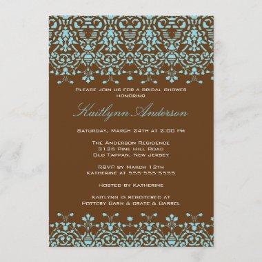 Turquoise & Brown Damask Bridal Shower Invitations