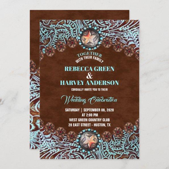 turquoise brown leather country western wedding Invitations