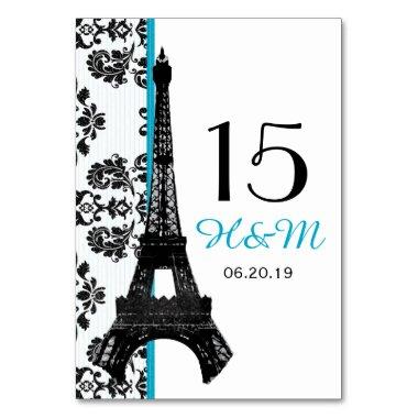 TURQUOISE DAMASK EIFFEL TOWER PARISIAN WEDDING TABLE NUMBER