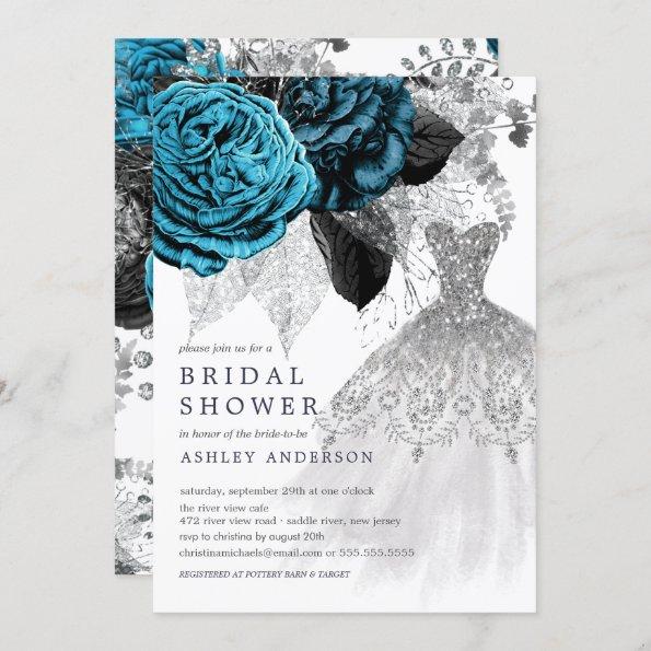 Turquoise Floral Wedding Dress Bridal Shower Invitations