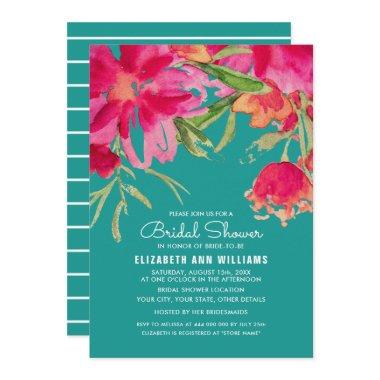 Turquoise Fuchsia Floral Watercolor Bridal Shower Invitations