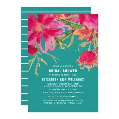 Turquoise| Fuchsia Watercolor Floral Bridal Shower Invitations