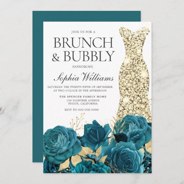 Turquoise Gold Gown Bridal Shower Brunch & Bubbly Invitations
