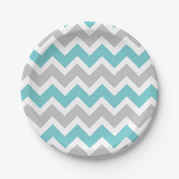 turquoise gray chevron baby shower bridal party paper plates