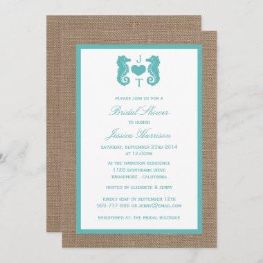 Turquoise Monogram Seahorse Beach Bridal Shower Invitations