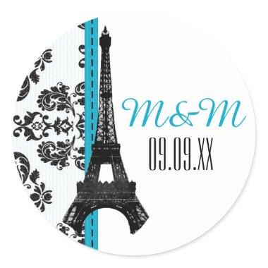 Turquoise Monogrammed Damask Eiffel Tower Wedding Classic Round Sticker