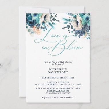 Turquoise Navy Blue Floral Bridal Shower Invitations
