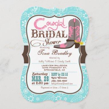 Turquoise, Pink, and Brown Cowgirl Bridal Shower Invitations