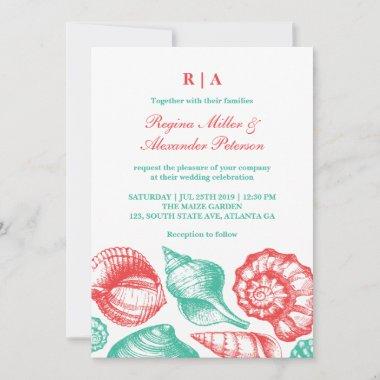 Turquoise Red Seashells Beach Wedding Invitations