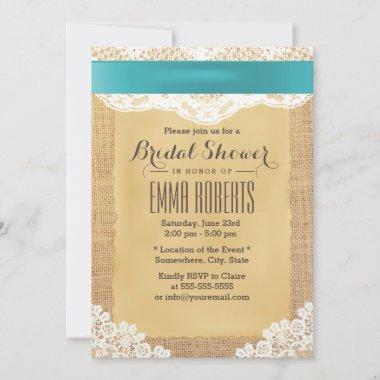 Turquoise Ribbon & Lace Burlap Bridal Shower Invitations