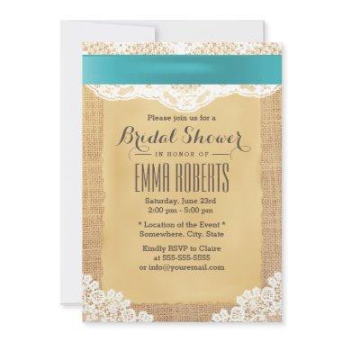 Turquoise Ribbon & Lace Burlap Bridal Shower Invitations