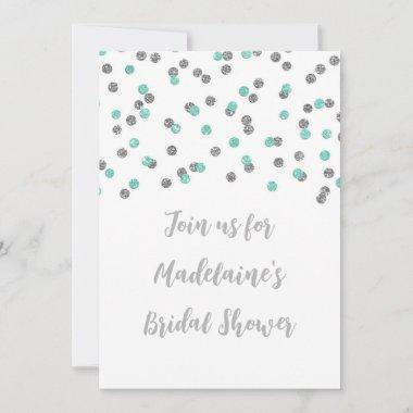 Turquoise Silver Confetti Bridal Shower Invitations
