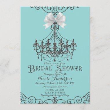 Turquoise & Silver White Bow Bridal Shower Invitations