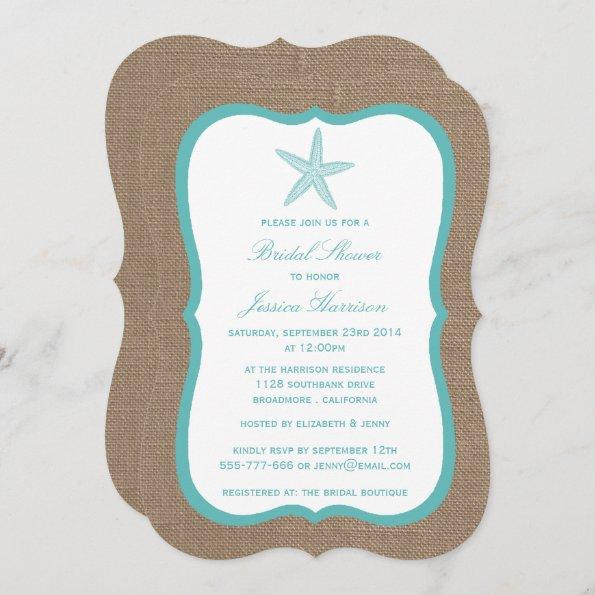 Turquoise Starfish Beach Burlap Bridal Shower Invitations