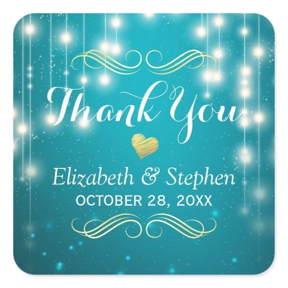 Turquoise String Lights Wedding Favor Thank You Square Sticker