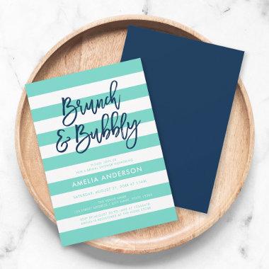 Turquoise Stripes Blue Brunch Bubbly Bridal Shower Invitations