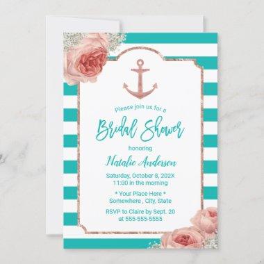 Turquoise Stripes Rose Gold Anchor Bridal Shower Invitations