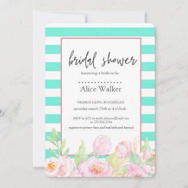 Turquoise Stripes with Peonies Bridal Shower Invitations