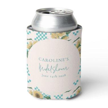 Turquoise Sunflower Checkerboard  Can Cooler