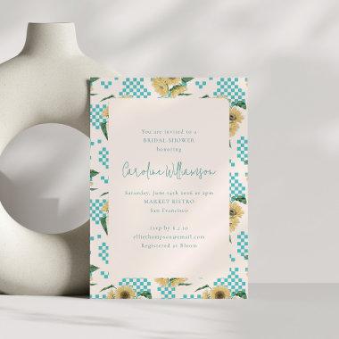 Turquoise Sunflower Checkerboard Bridal Shower Invitations