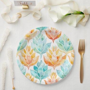 Turquoise Tangerine Abstract Floral Wedding Paper Plates