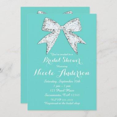 Turquoise Teal Diamond Bling Bow Bridal Shower Invitations