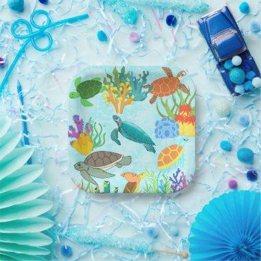 Turquoise Teal Undersea Sea Turtles Ocean Corals Paper Plates