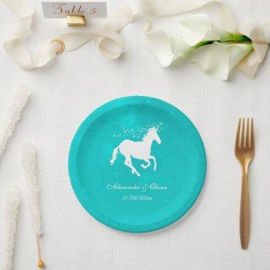 Turquoise Unicorn Wedding Paper Plate