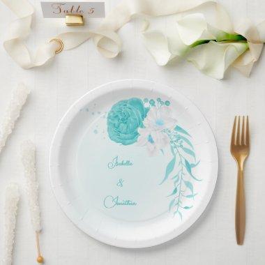 turquoise white floral wedding paper plates