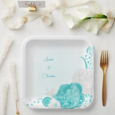 turquoise white floral wedding paper plates