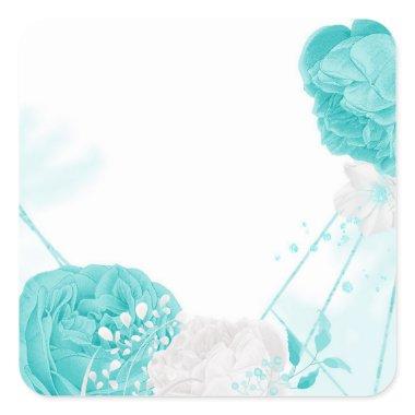 turquoise white floral wedding square sticker