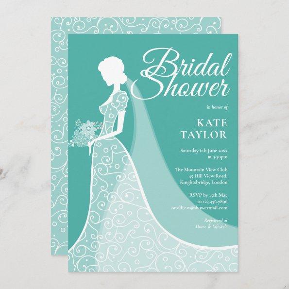 Turquoise White Lace Gown Bridal Shower Invitations