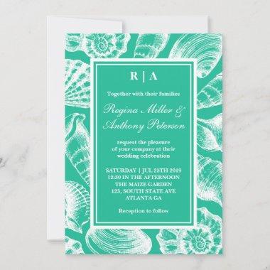 Turquoise White Seashells Beach Wedding Invitations