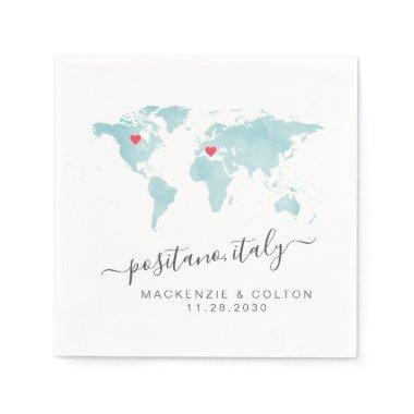 Turquoise World Map Coral Moveable Hearts Wedding Napkins