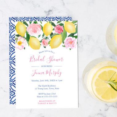 Tuscan Lemons Pink Watercolor Floral Bridal Shower Invitations