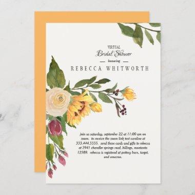 Tuscan Virtual GoldSunflower Floral Bridal Shower Invitations