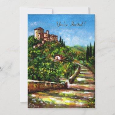 TUSCANY LANDSCAPE, red green yellow gold sparkles Invitations