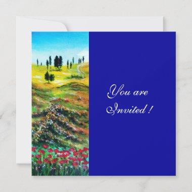 TUSCANY LANDSCAPE WITH POPPIES ,blue Invitations