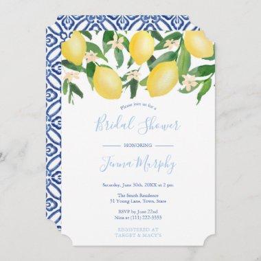 Tuscany Lemons Antique Pattern Blue Bridal Shower Invitations