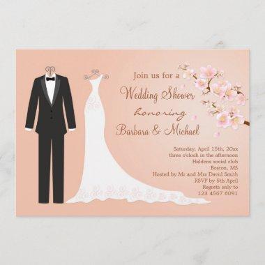 Tux & Gown, cherry blossom Couple's Bridal Shower Invitations