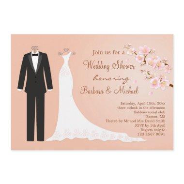 Tux & Gown, cherry blossom Couple's Bridal Shower Invitations