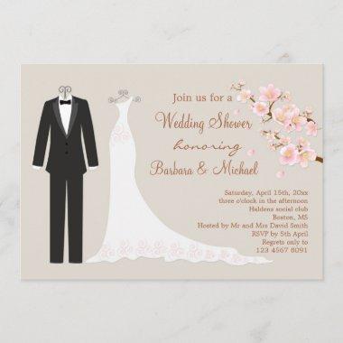 Tux & Gown, cherry blossom Couple's Bridal Shower Invitations