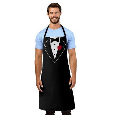 Tuxedo Black and White with Red Flower in Lapel Apron