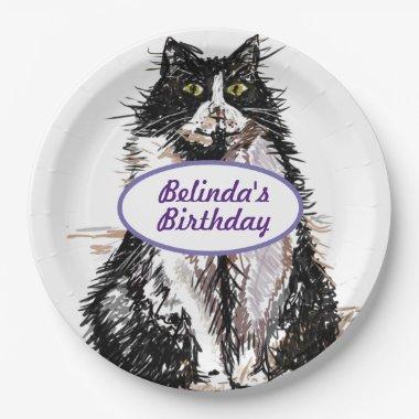 Tuxedo Cat Cats Black White Birthday Party Plate