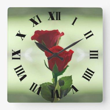 Twin Flame red roses roman numerals Square Wall Clock