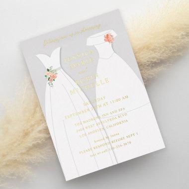 Two Brides Wedding Dress Lesbians Couples Shower Foil Invitations